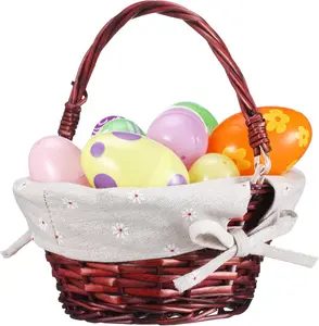 Small Wicker Basket with Handle Empty Rattan Picnic Gift Small Basket with Liner Oval Willow Woven Container for Candy Easter Egg Hunt Game 9 x 7 x 4 Inch(Brown)