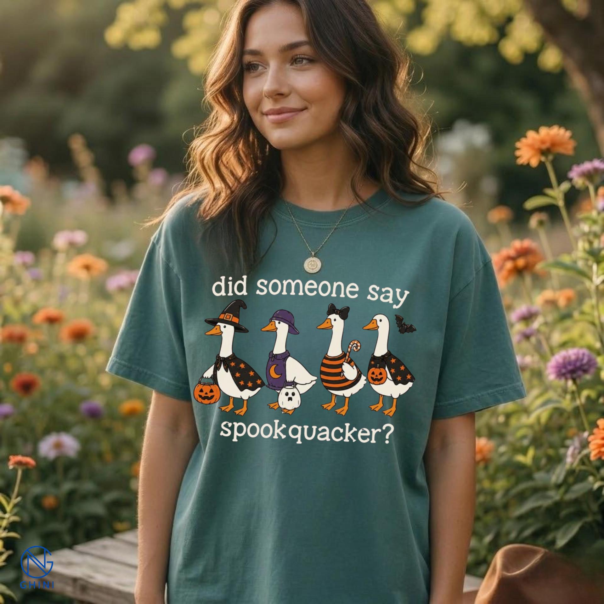 Comfort Color Did Someone Say Spookquacker Tshirt, Halloween Goose T-shirt, Cute Spooky Goose Tee, Women’s Halloween Gift, Witch Goose Shirt | GHINI