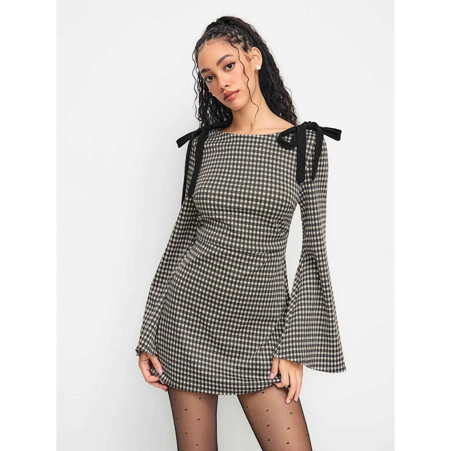 Cider Cotton-blend Boat Neck Gingham Bowknot Ruched Mini Dress SummerFinds SohoChic