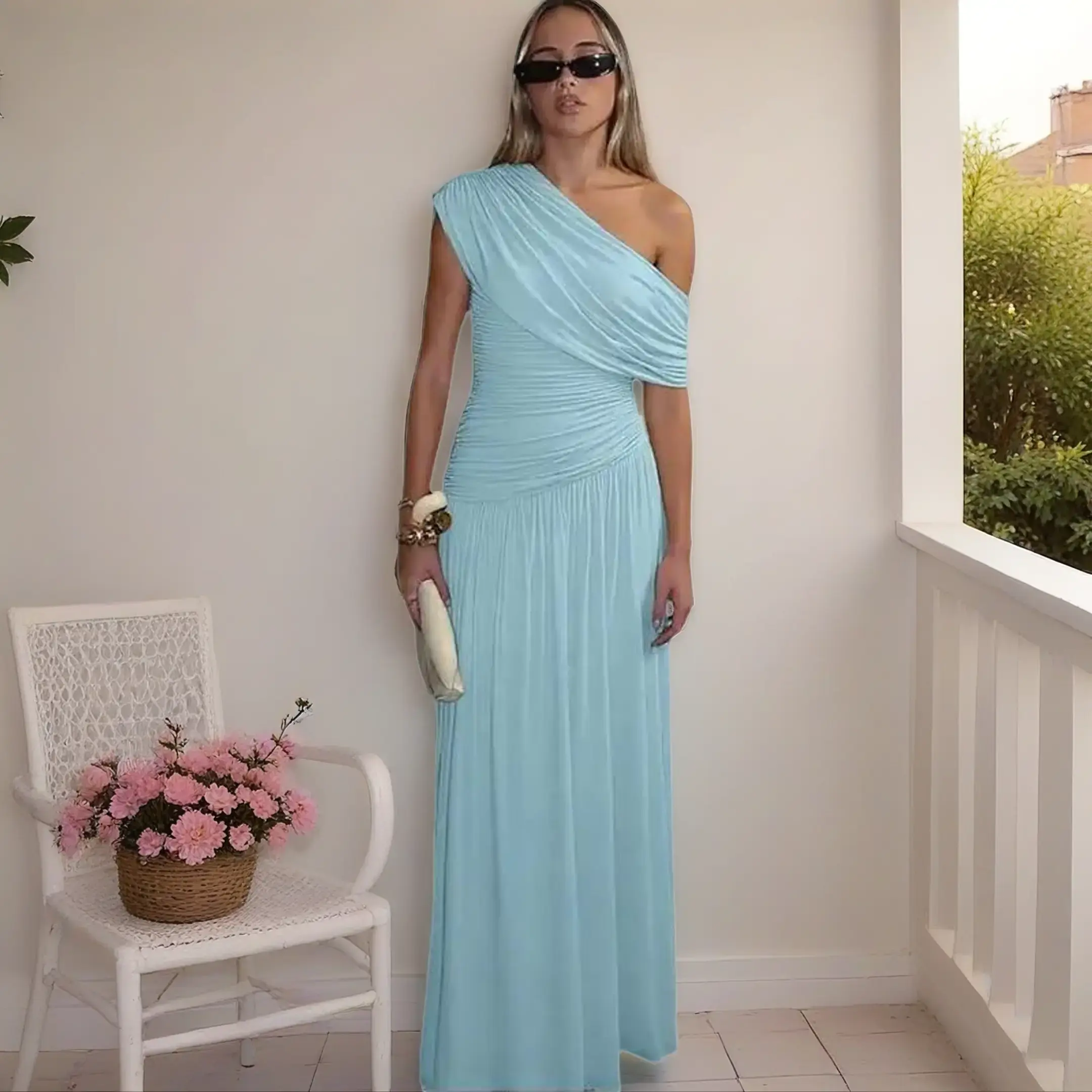 Off Shoulder Ruched Bodycon Maxi Dress Sleeveless Pleats Draping Dresses for Women's Summer Holiday Beach Casual Elegant go Party Club Dating Dresses