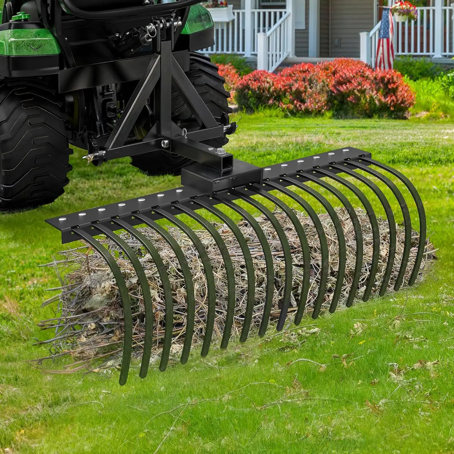 YINTATECH Tow Behind Landscape Rake,48in Tractor Rake with 2" Receiver for ATV UTV,17 Spring Steel Tine,Lawn Dethatcher Rake Attachments for Leaves,Debris,Grass,Powder Coated Surface,Alloy Steel,Black