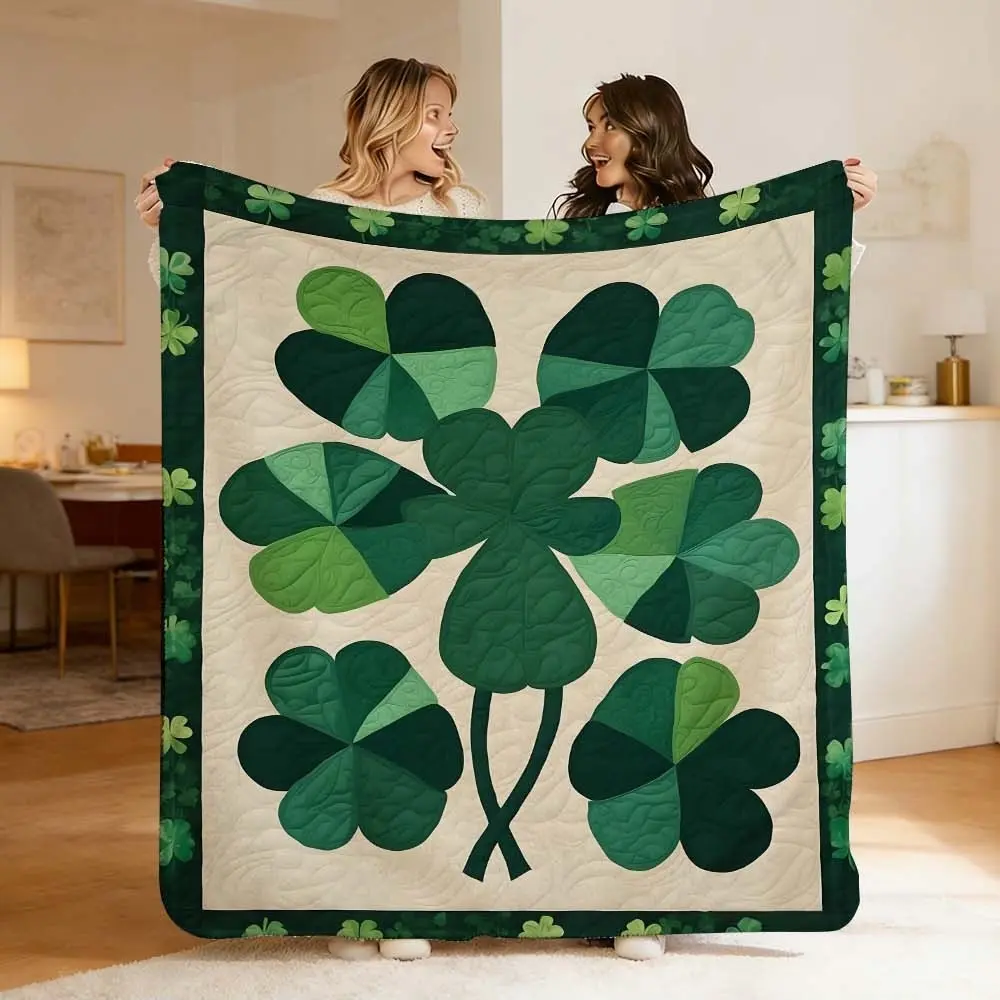 1 Pc Luxurious Green Clover Pattern Blanket for Bedroom, Sofa, or Camping | Cozy Quilted Throw for All Seasons | Portable Shamrock Design Cover Blanket | Ideal for Home Decor and Outdoor Comfort