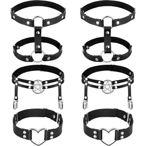 6 Pieces Adjustable Garter Belts with Anti-slip Clips, Elastic Punk Thigh Ring Garter Star Shaped Leg Heart-shaped Leg Ring 2 Rows Thigh Belt Suspender for Women