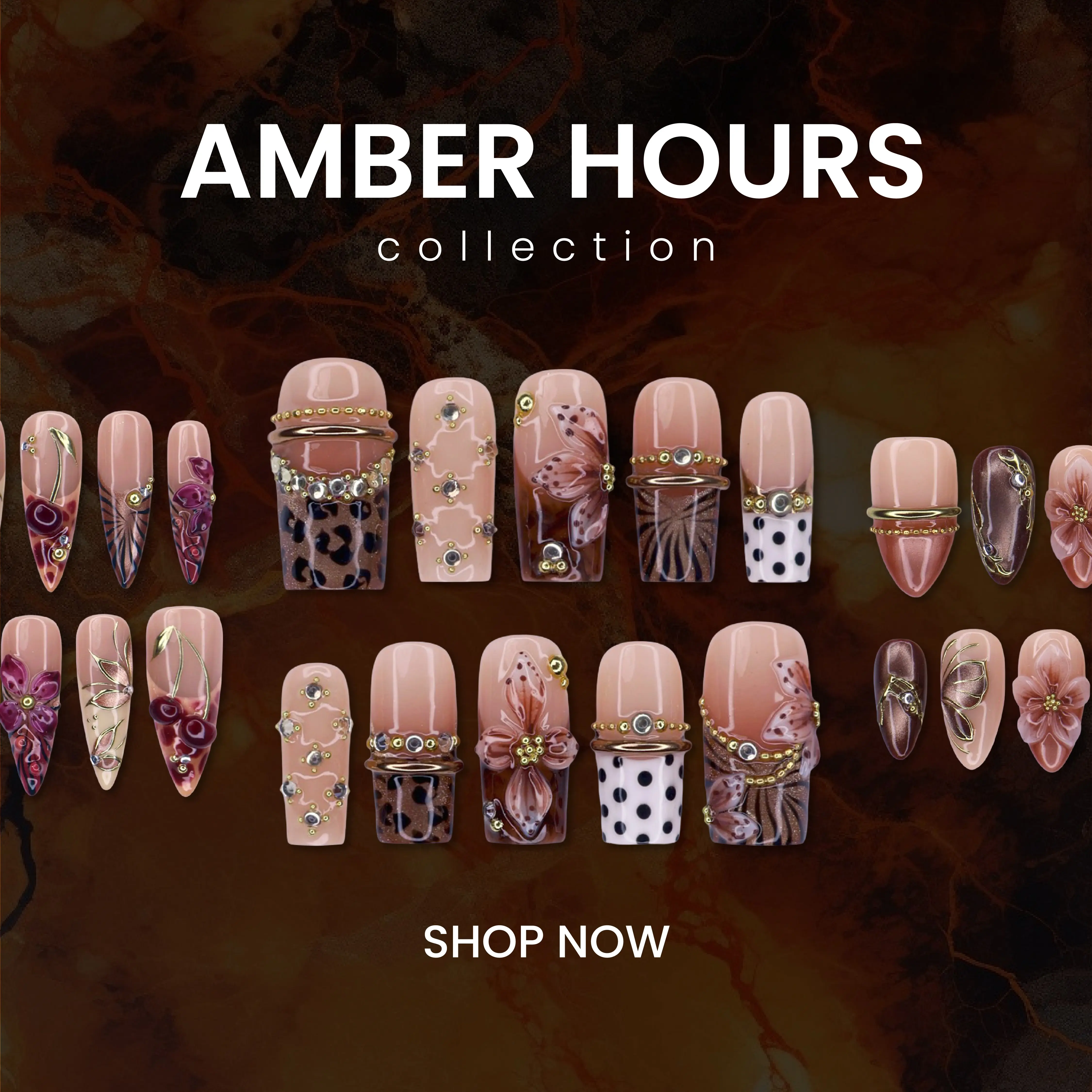 Lilynailsart | Amber Hours Collection - Fall Press On Nails - Autumn Brown, Floral & Animal Print Nail Art