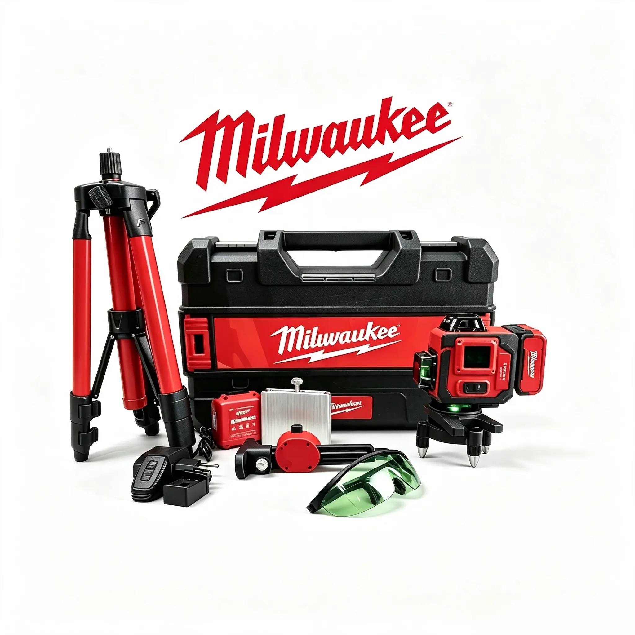 Milwaukee 12/16 Line 4D Green Laser Level, 360° Cross Lines, Auto-Leveling ±3°, IP54 Waterproof, 532nm Green Beam, 25m Working Range, W/ Tripod, Tool Case, Battery & Charger, For Tiling, Construction Layout