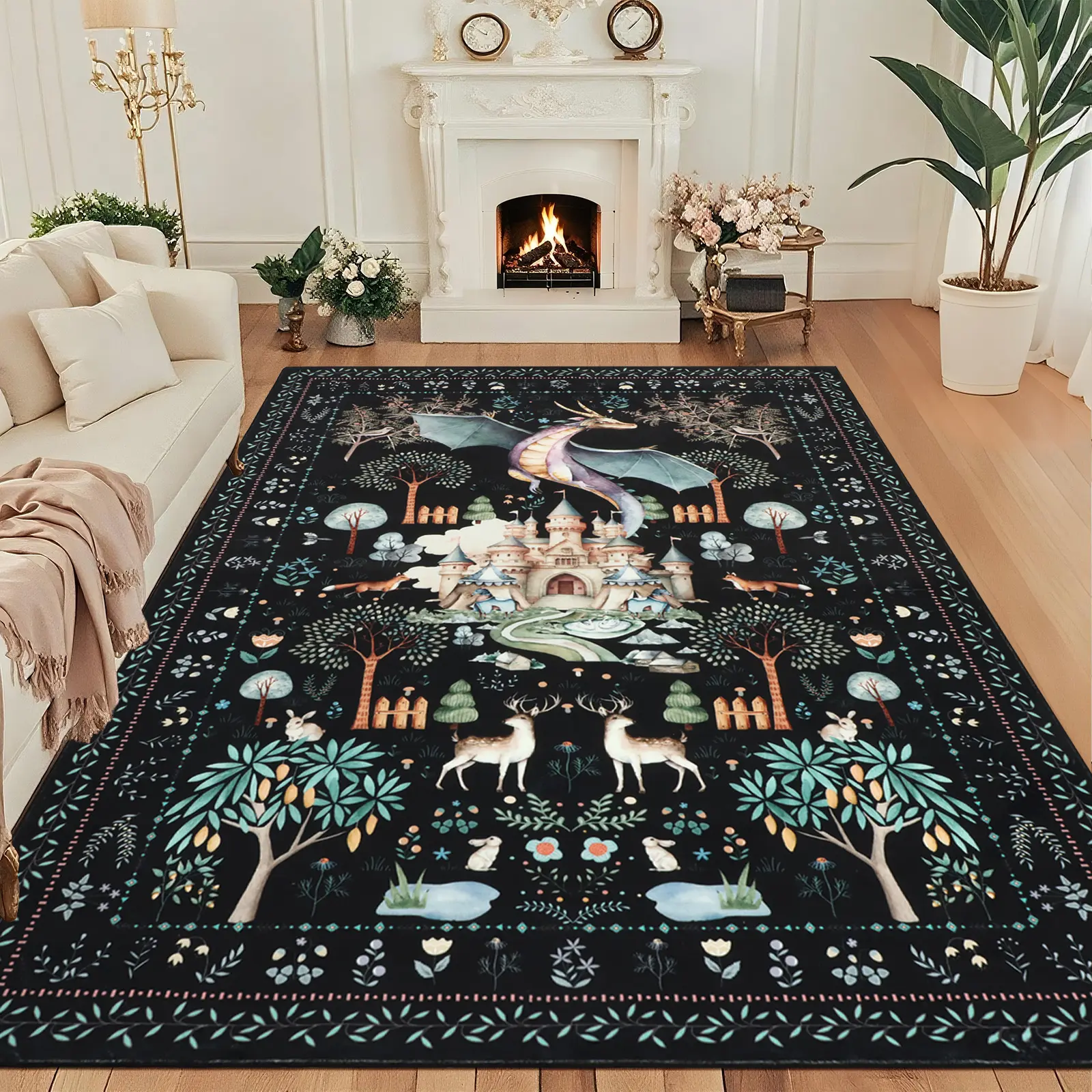 Geanup Dragon Floral Area Rug - Machine Washable Low-Pile Animal Rug with Non-Slip Rubber Backing, Fairy Tale Farmhouse Decor for Living Room, Kids Playroom