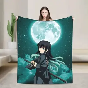 Mist Hashira Muichiro Tokito Blanket Anime Demon Slayer Flannel Vintage Warm Throw Blanket for Bed Sofa Spring Autumn