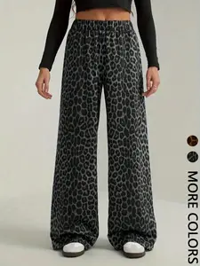 Women's Casual Leopard Print Loose Flare Pants, Comfortable High Waist Wide Leg Trousers, Stylish Fashion for Daily Wear