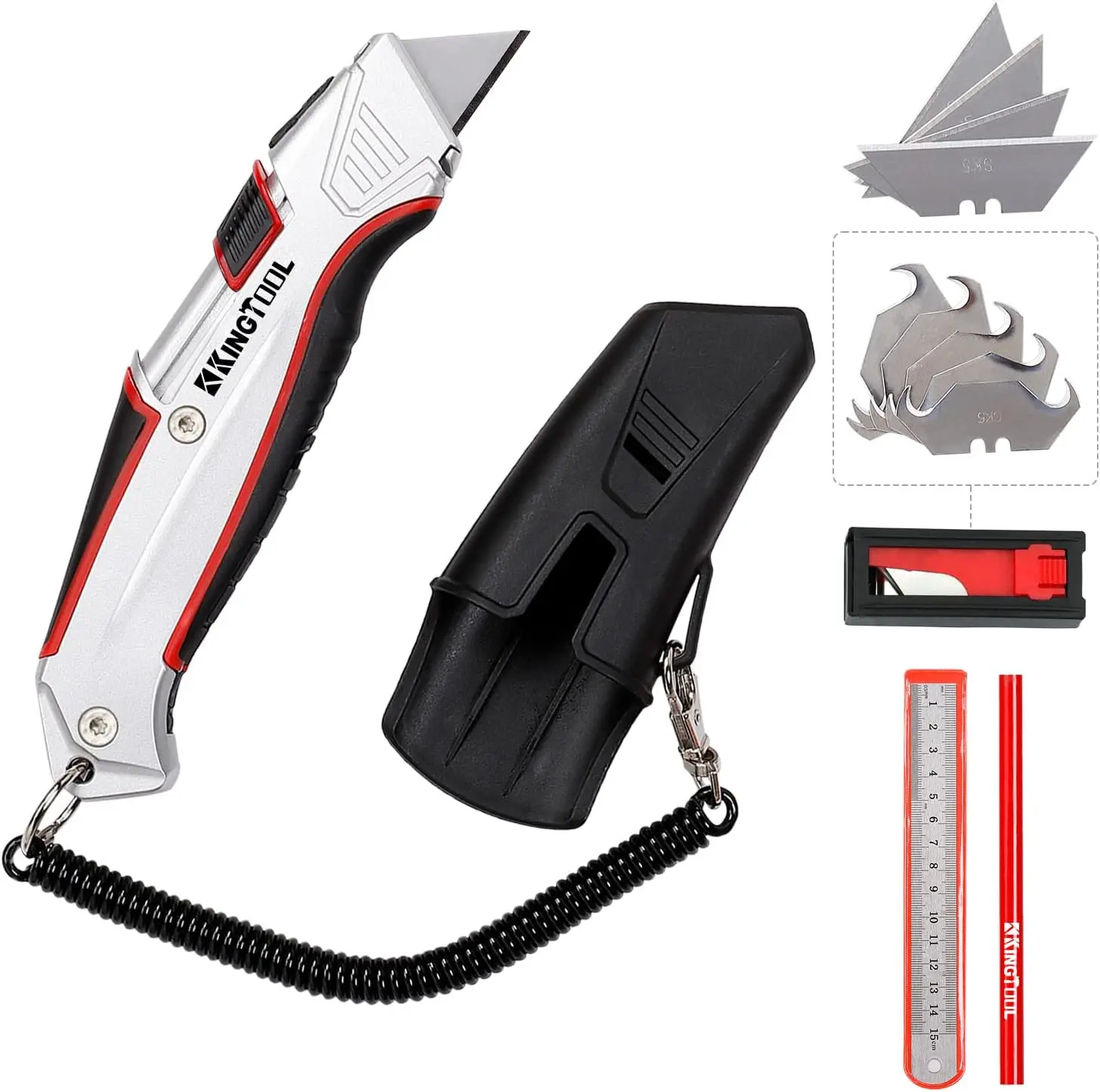 Aluminum Utility Knife with Retractable Blade, Box Cutter Kit with Extra Blades, Holster and Lanyard for Home, Garage and DIY Projects