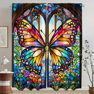 2pc butterfly print curtains, with their colorful 2D flat design, make a perfect gift for friends and are suitable for home decoration in dormitories, bedrooms, living rooms, kitchens, dining rooms, studies, cafes, hotels, apartments, and other spaces