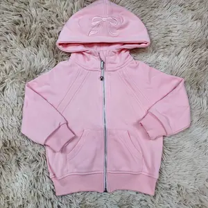 Long sleeves pink bow embroidery zipper kids girls fall winter hooded jacket