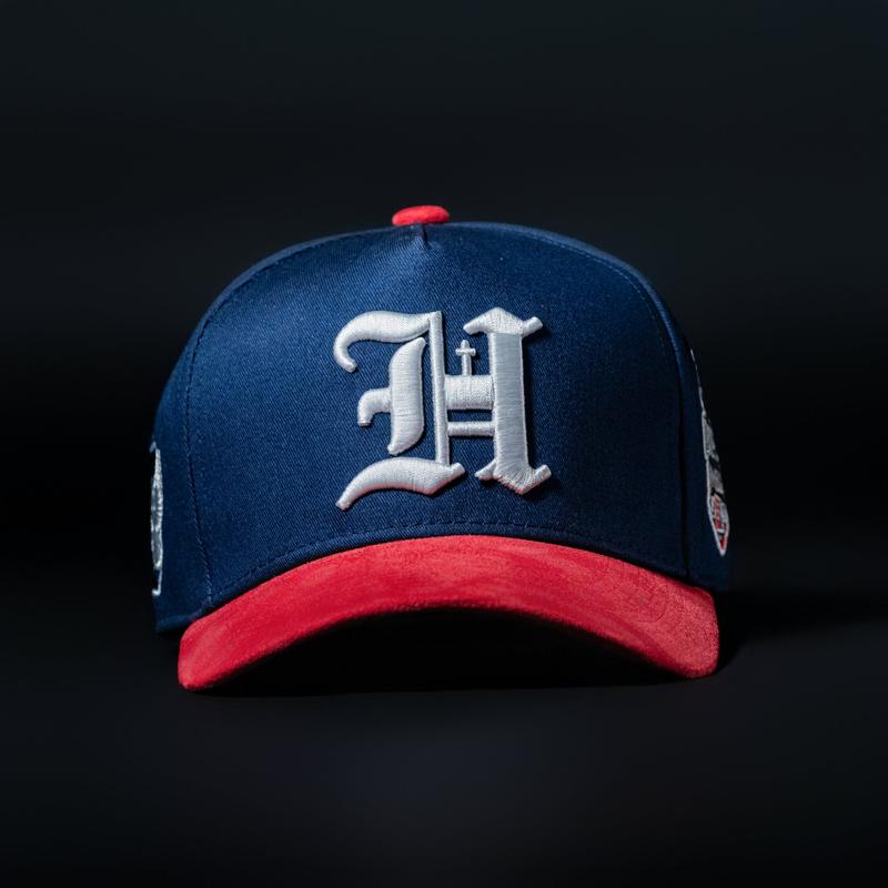 Navy Blue and Red Sueded Brim Hat with "Hope in Jesus" Side Patch and "7 with Dove" Symbolic Design for Faithful Fashion