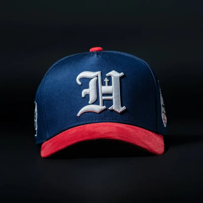 Navy Blue and Red Sueded Brim Hat with "Hope in Jesus" Side Patch and "7 with Dove" Symbolic Design for Faithful Fashion
