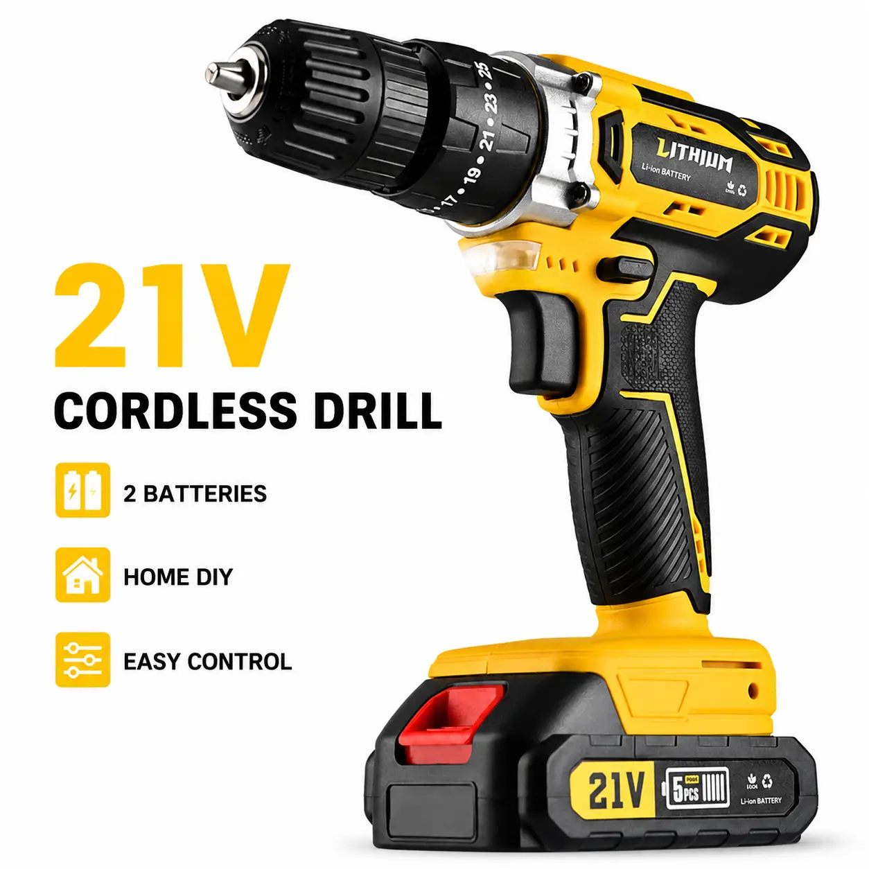21V Cordless Drill Kit with 2 Batteries, Charger, Drill Bits, Screwdriver Bits, Flexible Shaft and Wall Anchors for Home DIY, Furniture Assembly and Repair