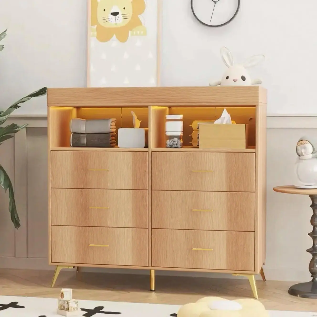 3-in-1 Baby Changing Table Dresser with LED Lighting, Charging Station, 6 Drawers, 2 Open Shelves, Adjustable Removable Top, Modern Silhouette, Anti-Tip Straps – Indoor Nursery Storage Cabinet for Clothes & Diapers