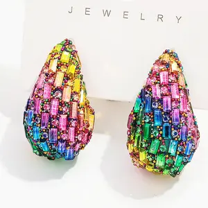 2024 New Trendy Crystal Chunky Waterdrop Hoop Earrings Dupes for Women Chunky Colorful Dome Teardrop Stud Earrings Jewelry Gifts