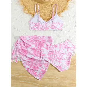 3pcs Girls Swimsuits Women'S Split Bikini Bathing Suits Adolescents Flower Print Bikini Set with Skirt Cover-up Swimwear Tankini Set Bikini Swimsuits for Girls 13 to 16 Years