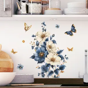 Blue Flower Decorative Wall Sticker, Floral Butterfly Plant Leaves, Bedroom Living Room Sofa TV Background Decor, Decorative Stickers, Art Stickers