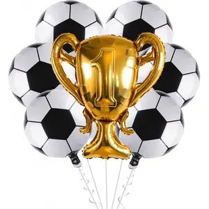 Soccer Party Balloons Set, 32 Inch Champion Trophy Mylar Foil Balloon and 6pcs Football Helium Foil Balloons, Sport Decor for Boys Soccer Ball Fans Birthday Party Decoration Supplies