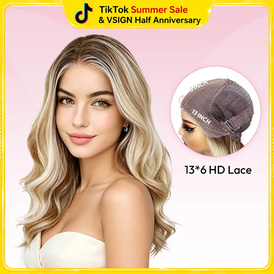 [Dolly] VSIGN Chestnut Root Platinum Ash Balayage Scandi Hairline 16inch Short Wave 13*6 HD Pre-cut lace Free Parting Short Length Low Density Beginner Friendly Breathable Cup Futura Import Synthetic Heat Resistant Fiber Summer Vibes