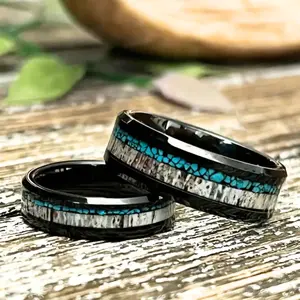 8mm Fashion Wedding Ring with Deer Antler and Turquoise Stone, Suitable for Wedding Party, Engagement Gift, Birthday, Valentine's Day