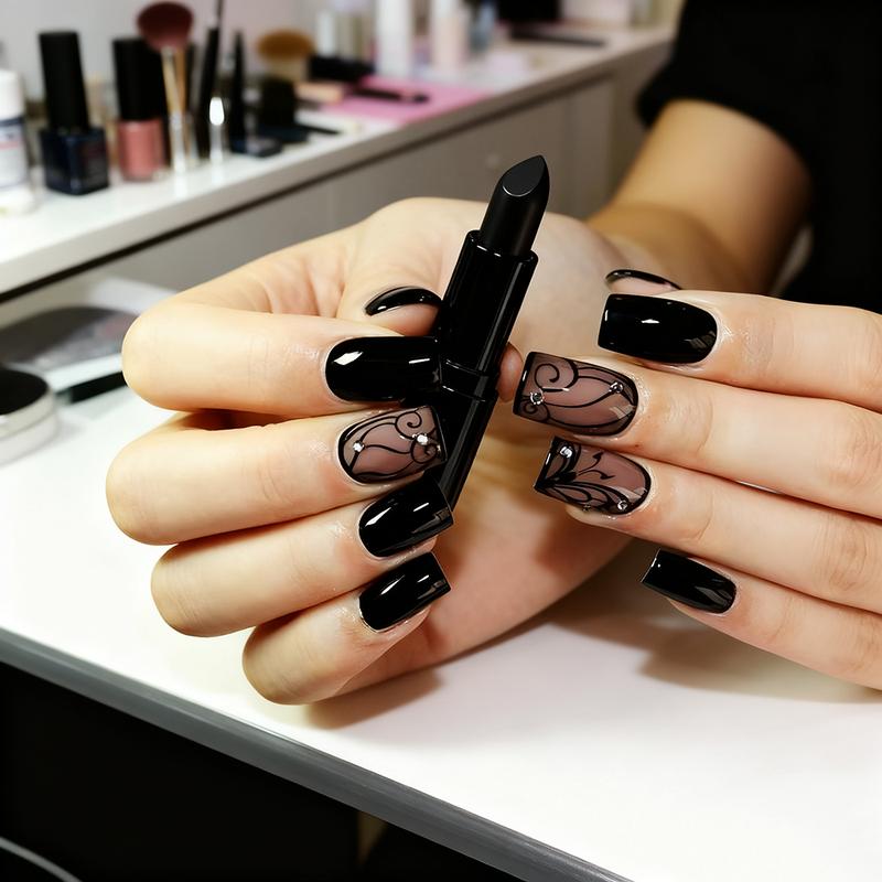 Black Press on Nails Short Square Fake Nails Black Vine Acrylic Glue on Nails Full Cover Glossy Nails Press ons Short Stick on Nails Summer Artificial Nails for Women Girls - 24Pcs