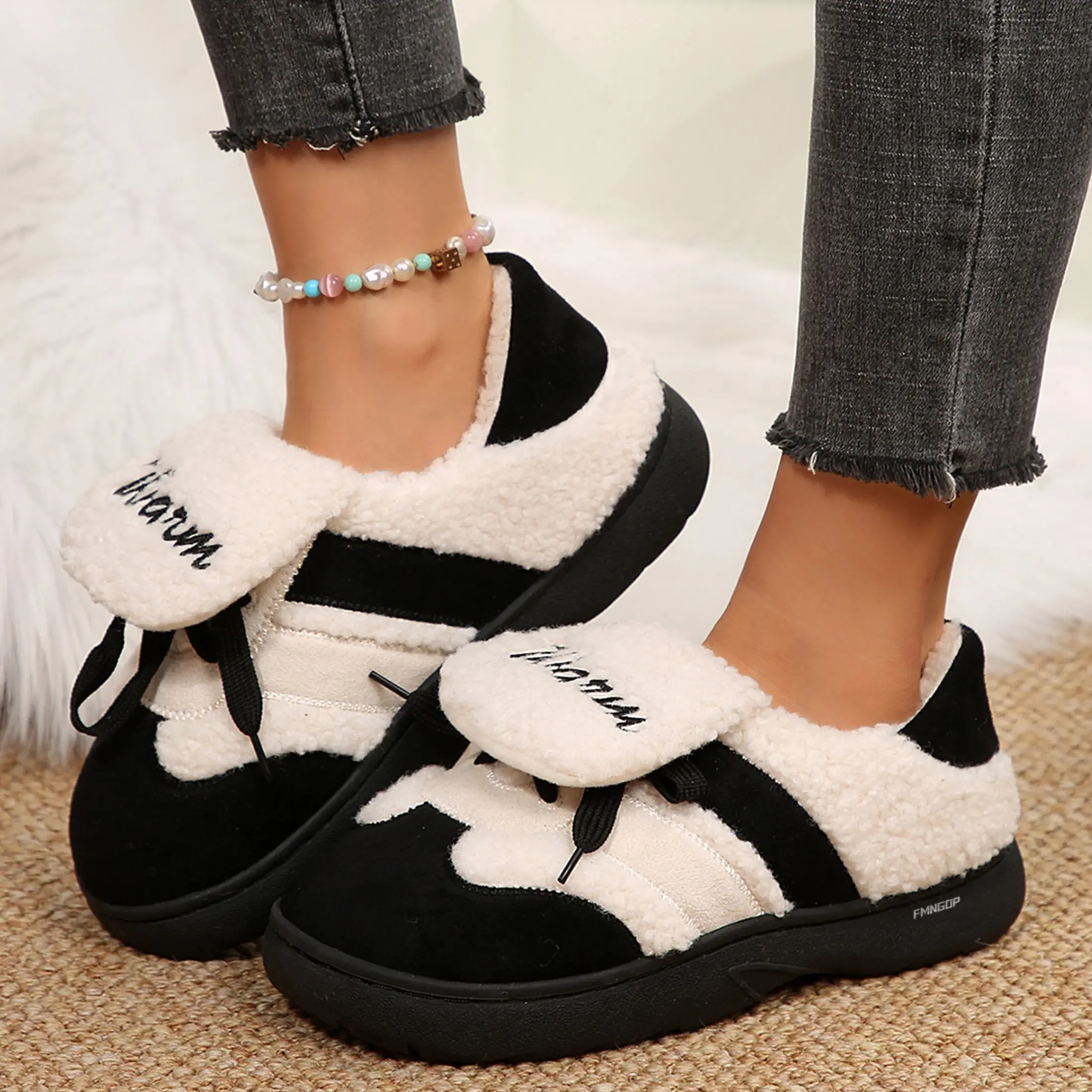 Women's Shearling Lined Casual Shoes Round Toe Cute Patchwork Warm Winter Non Slip Sneakers Indoor Outdoor Shoes
