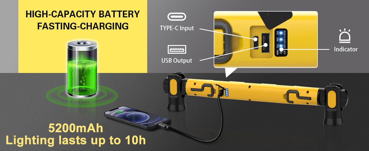 3000LM Magnetic LED Work Light Bar, 5200mAh Rechargeable Camping Lamp Cordless Hood Light, 3 Color Modes and 360 Degree Adjustable Can Attached to Any Metal Portable Light for Car Repair Inspection Garage Workshop Emergency and Mechanic, Lighting 10h Max