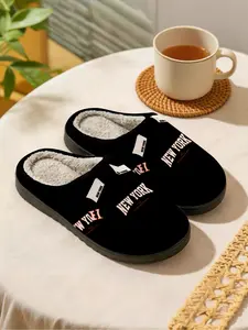 New York Slogan | Minimalist & Trendy 1 Pair Faux Fur Lined Non-Slip Home Plush Slippers For Men & Women (Autumn/Winter)