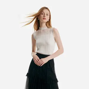 NEW GOELIA Tencel And Woolen Lace Ruffle Women Tank Top Fit Elegant