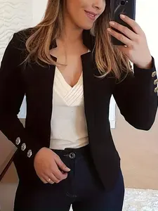 Women's Fitted Plain Button Decor Long Sleeve Coat, Casual Aesthetic Style Solid Color Open Front Outerwear for Spring & Fall, Ladies Clothes for Daily Wear