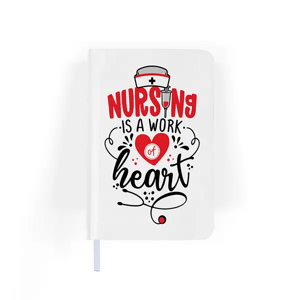 Large Nurse Journal - 5.5 x 8.25 Inches, 96 Lined Tinted Yellow Pages, PVC Cover, Nursing Work of Heart Themed Office Notebook