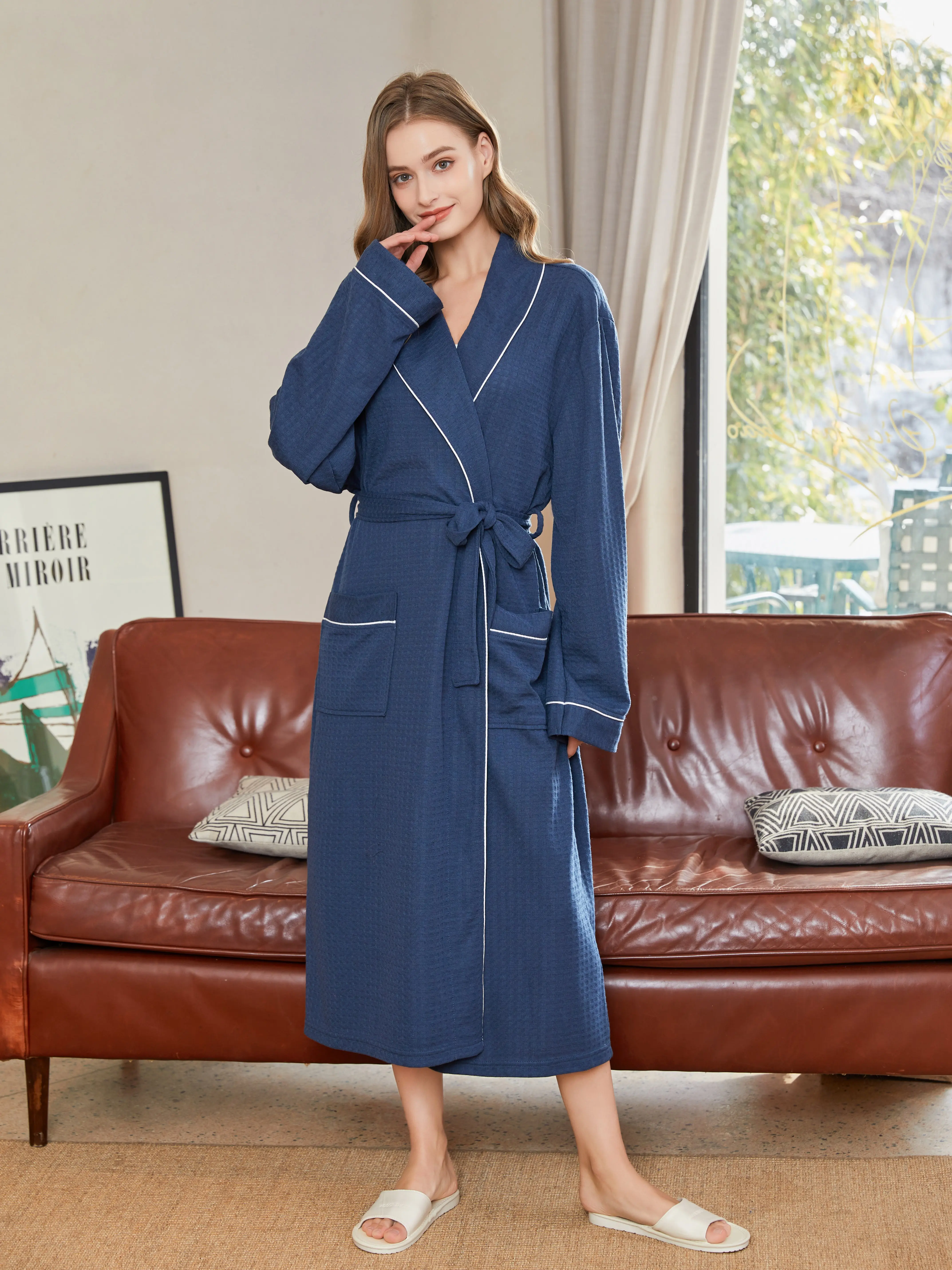 Long Waffle Nightwear Dressing,Knit Kimono Bathrobe, Gown Robe Pockets for Men & Women 2132 Waffle Bathrobe Long Sleeve Soft Long Sleeve Womenswear Comfortable Casual