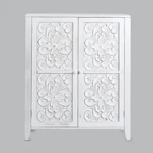 Carved Storage Cabinet - Vintage Deco Style Entryway Furniture - White