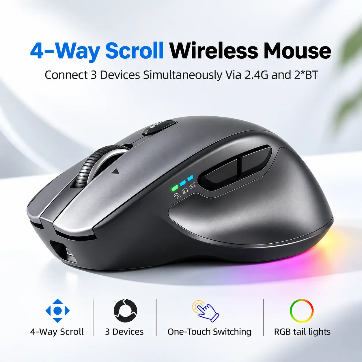 BTM BTM007 4-Way Scroll Wireless Mouse, Bluetooth & 2.4G Multi-Device Mouse for 3 Devices, Horizontal Scrolling, Silent Click, Rechargeable Ergonomic Office Mouse, 4-Level DPI, RGB, for Laptop, PC, Mac, Work From Home