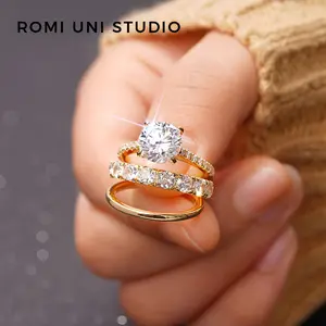 Romi Uni Studio Sparkle Synthetic Moissanite Stone Three-in-One Wedding Bands Set Engagement Rings Promise Eternity Band Size 6-10 VVS Clarity Comfort Fit