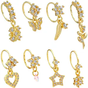 8 count Dangle Nose Rings -  Butterfly Star Heart Cz Flower Leaf Dangly Nose Hoops 20g Surgical Steel Cartilage Earring Piercing