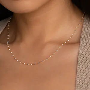 White Station Necklace by Caitlyn Minimalist - Dainty Beaded Layering Necklace in 18K Gold Finish & Sterling Silver - Minimalist Summer Jewelry - Mom Gift.