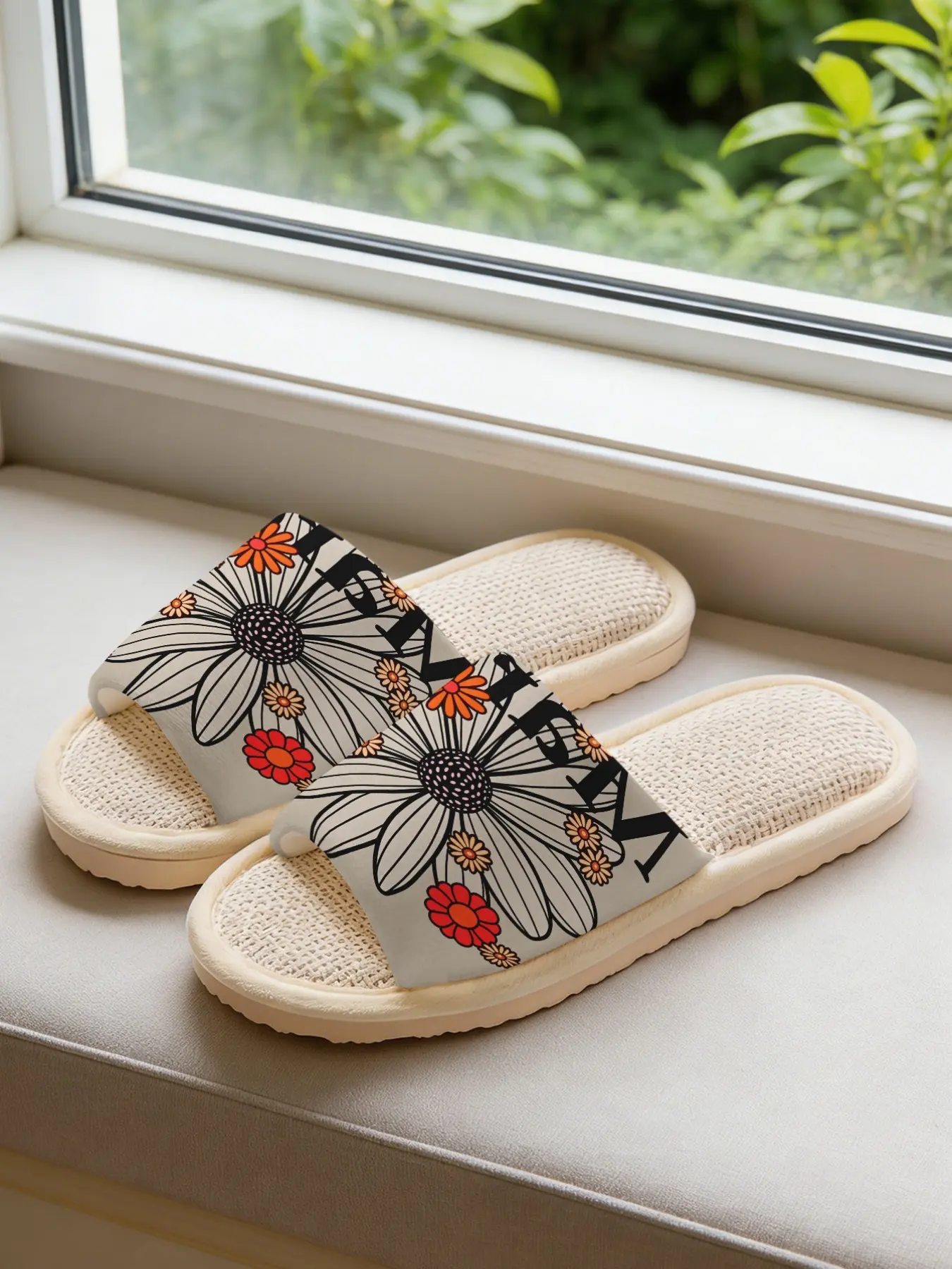 Women's Daisy Linen Slippers, Sole Colorblock Floral Print, Sweat-Wicking Breathable Non-Slip Silent, All-Season Home Shoes