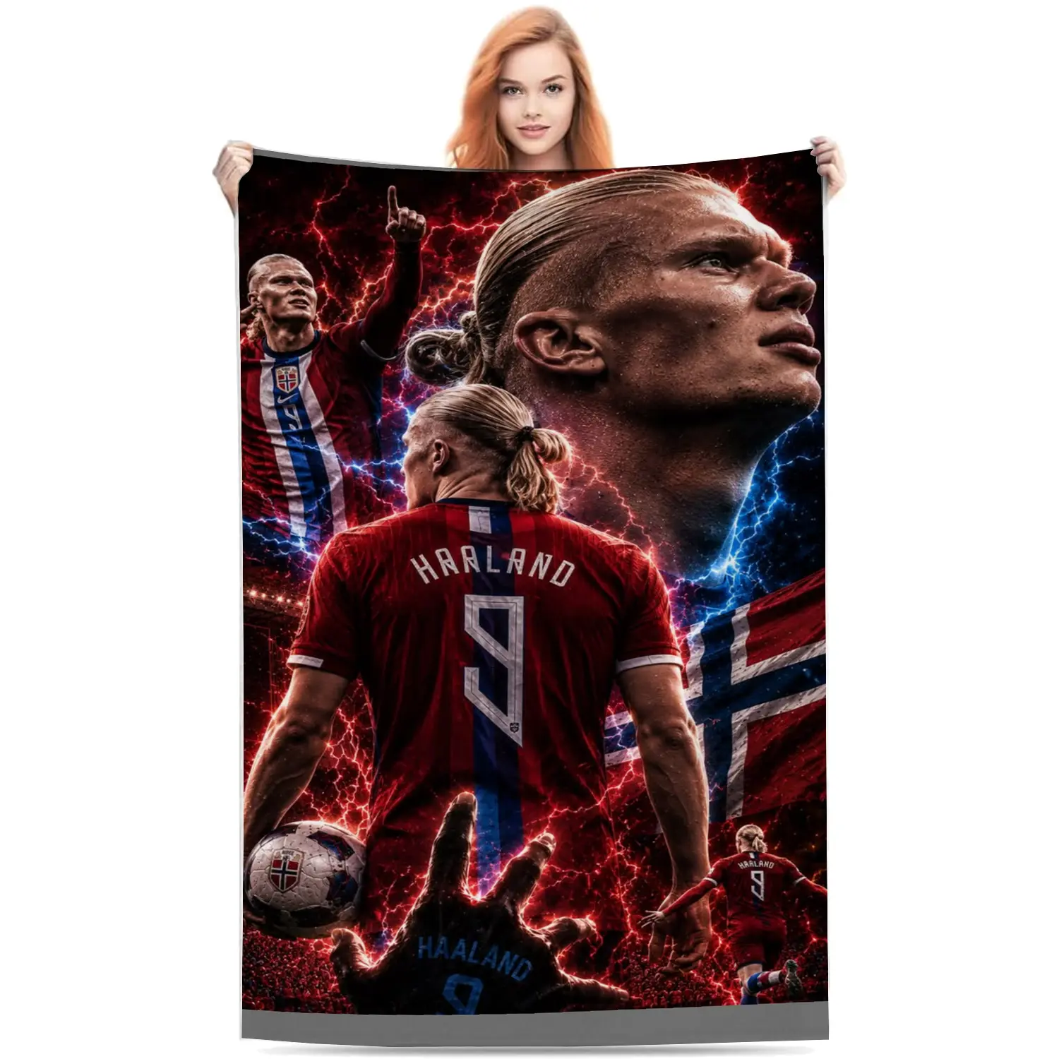 Erling Haaland Norway National Team Lightning Collage Fleece Throw Blanket, Soccer Star Haaland #9 Jersey Art Print, Ultra Soft Lightweight Plush Blanket, Great Gift for Haaland & Football Fans