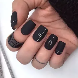 Chic Black and White Geometric Triangle Press-On Nails - Matte Finish, Medium Square Shape, Striped Design for Trendy Nail Art Enthusiasts, Nail Decorations