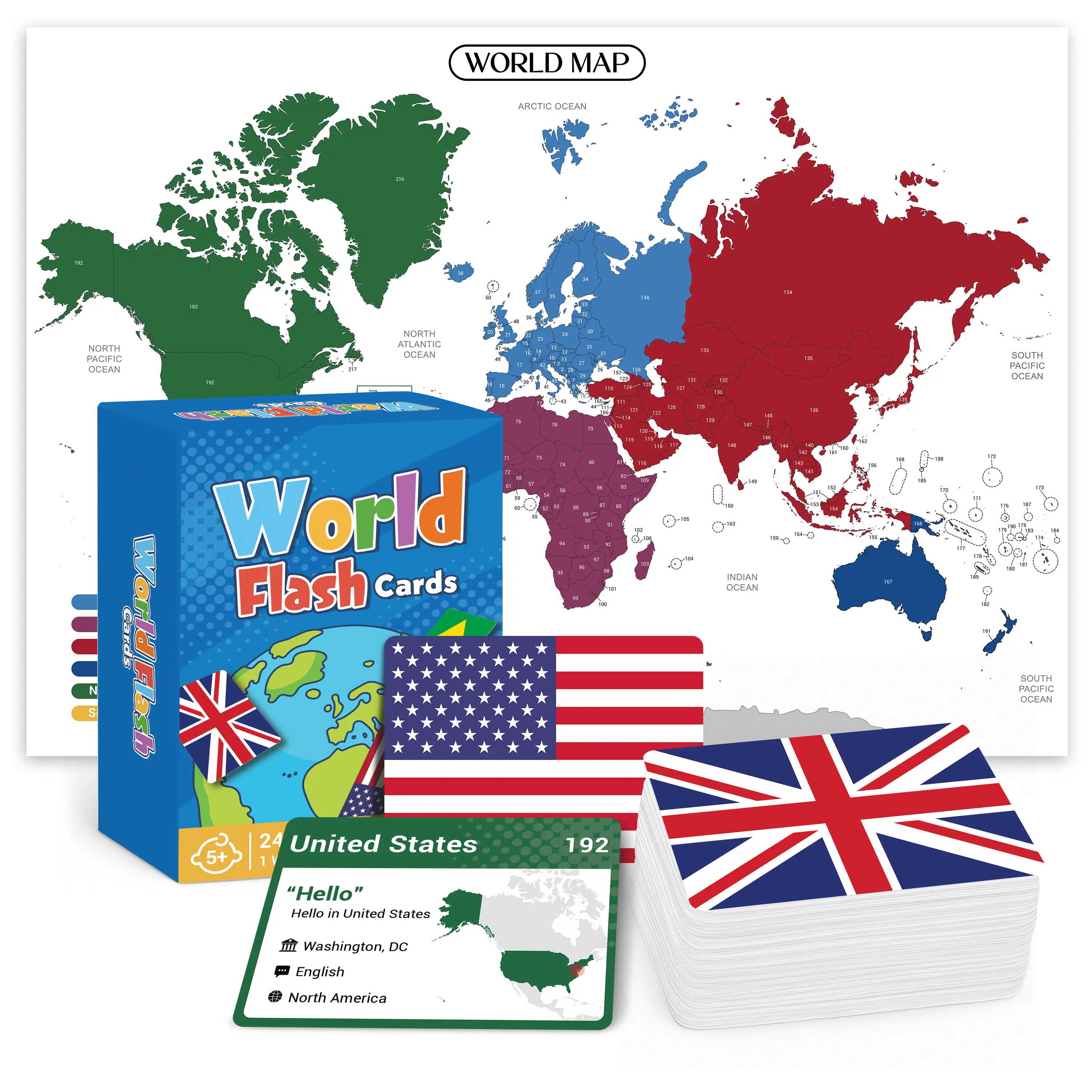 World Flags Flash Cards – 245 Country Flags, Capitals, Languages & Continents – Kids Geography Learning Set