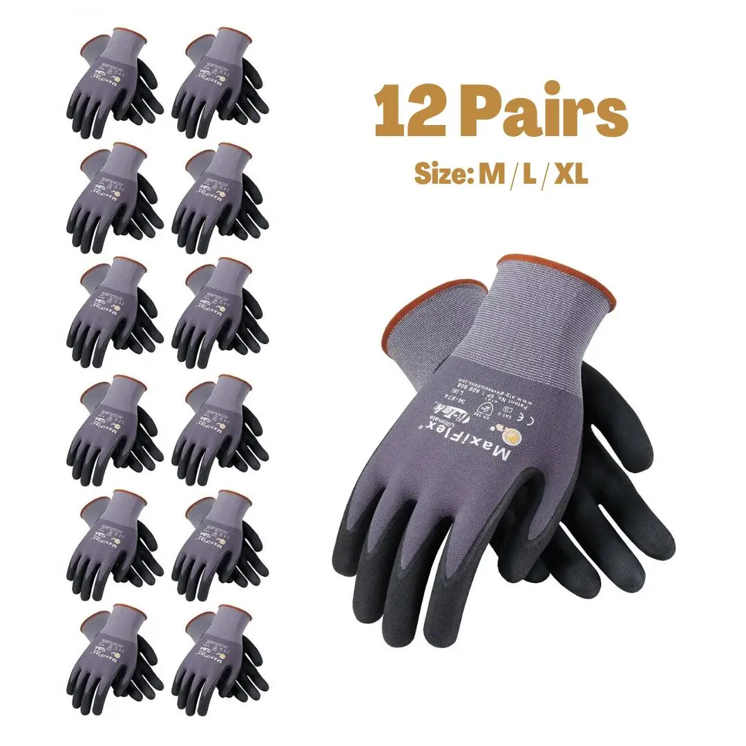 6 - 12 - 24 Pairs MaxiFlex Work Gloves – Guantes Para Trabajo MaxiFlex – Micro-Foam Nitrile Coated – Breathable, Durable, Anti-Slip for Construction, Gardening