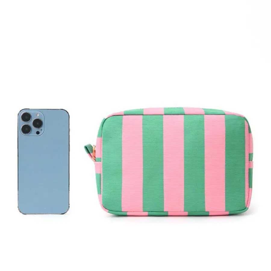 Women's Black-and-White Striped Corduroy Cosmetic Pouch, Large High-Capacity Fabric Toiletry Bag with Built-In Organizer & Storage Compartments, Chic Zippered Bag for Travel Use