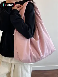 Japanese Lazy Style Corduroy Casual Tote Bag, Pastel Tote Bag, Artistic Students Commuting To Class Underarm Bag, Casual Large Capacity, Zipper Closure, Suitable for Workplace Commuting, Shopping, Leisure Travel, Daily Accessories, Everyday Bags