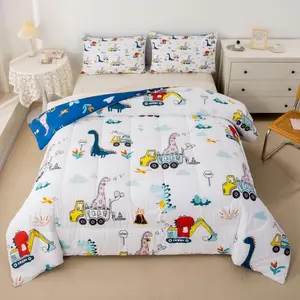 Cartoon Dino Excavator Designer Comforter Set,Cartoon Car Dinosaur Construction Luxury Bedding Set,Construction Vehicles Comforter