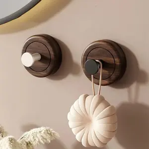 HeMu Elegant Wood Grain Wall Hooks with Round Knobs,No-Drill Self-Adhesive Hooks,Decorative Wooden Hooks for Towels,Keys,Bags