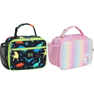 KF5-LBK26  2 Packs Kids Lunch Bag for Girls and Boys - Insulated Kids Lunch Box for Daycare and School Reusable Meal Tote Bag with Water Bottle Holder, Black Dinosaur and Pink Unicorn