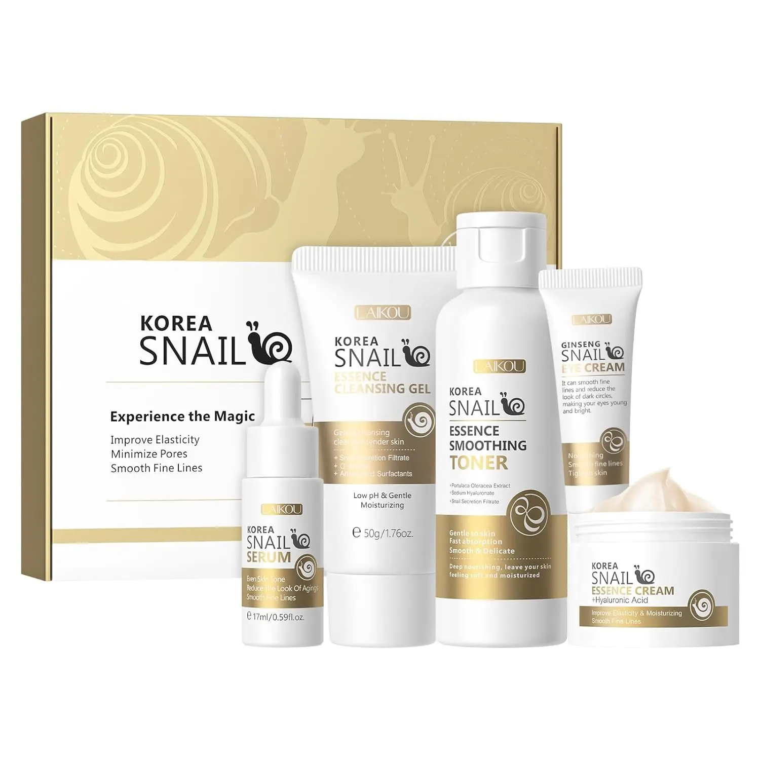 Korean Skin Care, Skin care set, Skin Care Kit Snail and Ginseng with Cleansing Gel, Toner, Eye Cream, Serum, Essence Cream 5pcs for Women Teen Girls Mom Daughter Mother's Day Birthday