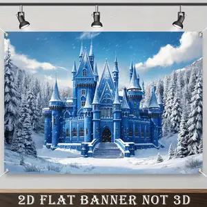 2D Flat Banner, 1pc Enchanting Winter Castle Party Backdrop - Durable Polyester, Snow-Covered Trees & Frozen River Scene, Ideal for Birthday Photo Booths, Weddings & Seasonal Decorations, Winter Wonderland Decorations